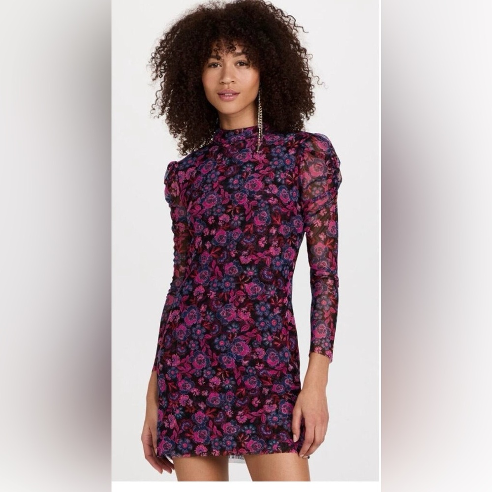 MISA Los Angeles NWT XL Stormi Floral Mesh Puff Sleeve Mock Neck Mini Dress